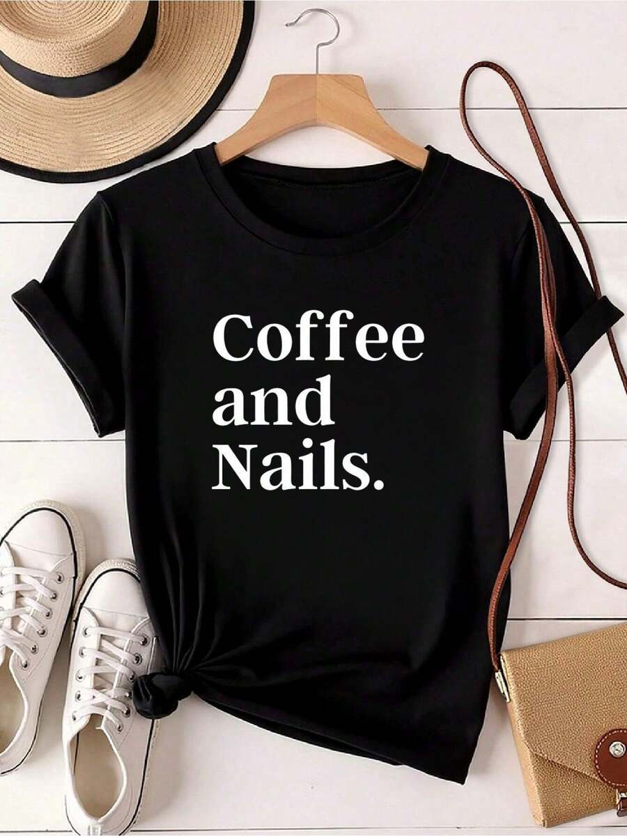 Women T-Shirt Print Funny Nail Technician Shirt - Coffee And Nails Unisex Shirt Nail Tech TShirt Nail Artist Gift Salon Shirts Manicure Shirt Pedicure Tee Fashion Versatile Casual Streetwear Top For Everyday Wear Female Slightly Graphic Breathable Designer Clothes Summer - màu đen - Xem 1