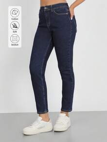 Damen Lässig Gerade Bein Jeans aus Denim mit Knopf- und Taschenelementen, lange, nicht dehnbare Stoffausführung für den Alltag - marineblau - Übersicht 6