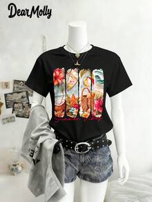 T-shirt a maniche corte con scollo rotondo a tema estivo spiaggia "DEAR MOLLY", adatta per feste, raduni e varie occasioni, tutto l'anno, un regalo ideale per la mamma - nero - Visualizzare 3