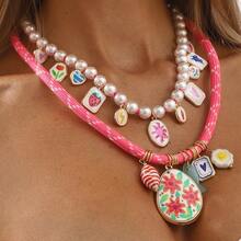 Mydear 1 件波西米亚花卉和红珊瑚多元素吊坠项链，适合女性在海滩度假时佩戴