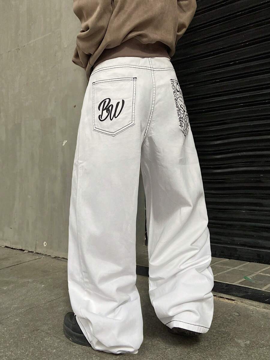 Infinite Jeans 1件裝 男士街頭極簡印花寬鬆寬腿牛仔長褲,舒適百搭休閒四季款(產品不含腰帶與配件) - 白色 - 查看 1