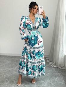 Women's Long Dress With A Floral Print, A-Line Cut, Fitted At The Waist, And Puff Sleeves. This Dress Is Elegant And Romantic, Perfect For Dates, Vacations, Holidays, And Other Occasions. - 綠色 - 查看 3