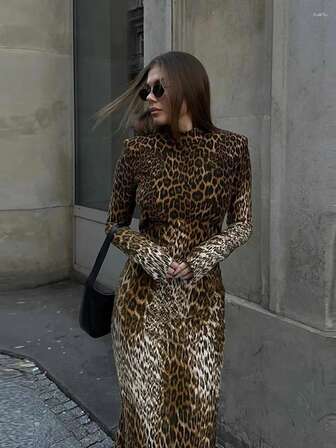 Vestidos de mujer estilo leopardo marrón ELVA para salidas casuales, conciertos, atuendos de rave, estilo old money, vestidos largos de fiesta, vestidos de graduación, vestidos de invierno