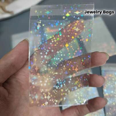 200pcs Transparent Laser Jewelry Bags - OPP Ring Bags, Earrings, Bracelets, And Necklaces - Rainbow Gradient Display And Storage Adhesive Laser Sealed Bags - Suitable For Small Badges, Sequins, Protective Bags, Laser Badge Storage Bags, Mountain Treasure Mail Circular Card Storage, Adhesive Sealed Packaging Material Cards,