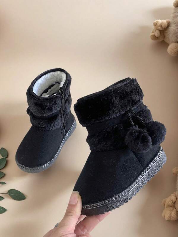 1 Pair Girls' Soft Sole Anti-Slip Snow Boots, Thermal Lined Warm Short Boots, Thick Plush Pom Pom Mid-Calf Boots, Fashion & Versatile For Winter