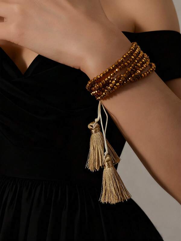 1 szt. Minimalistyczna, europejska i amerykańska, wielowarstwowa, okrągła bransoletka z koralików z frędzlami, ręcznie robiona, jednokolorowa, modna bransoletka