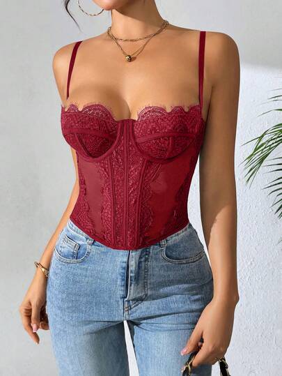 RAHQ 1 pieza Parte superior corta ajustada con adorno de encaje para mujer, camisola interior sexy tipo corsé, adecuado para fiestas, viajes, reuniones, Navidad, San Valentín, Halloween