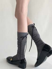 1双深灰色纯色过膝袜，带蝴蝶结系带，日式JK风格，夏季条纹紧身缎带袜，女士/女孩适用，舒适保暖