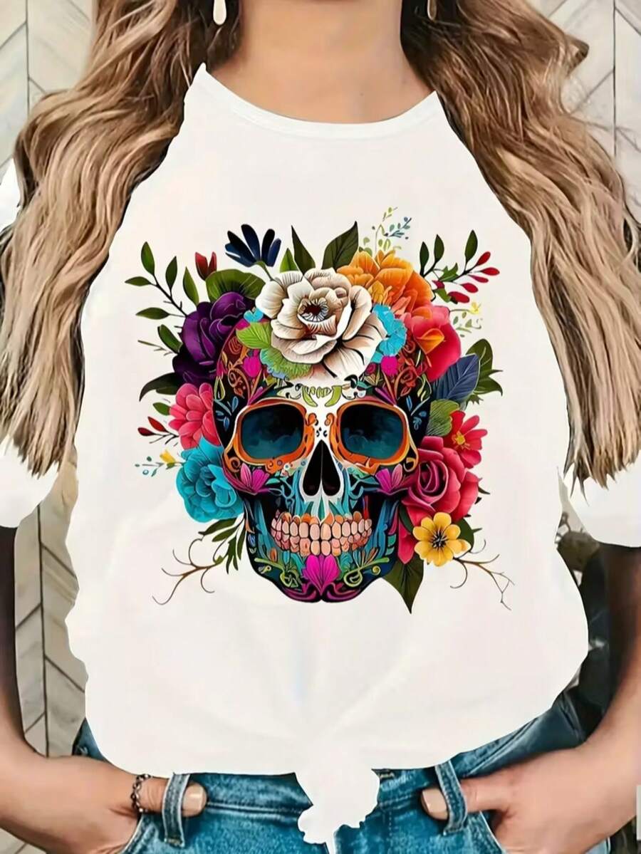 Una camiseta de mujer de estilo casual, de corte holgado, con cuello redondo y estampado floral de manga corta - Blanco 1 - Ver 1