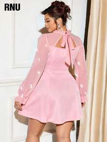 RNU Plus Size Women's Elegant High-Stretch Solid Color Fabric, Chiffon Sleeve Panels, Bow Tie Neckline, 3D Pearl Decor, Women's Plus Size New Autumn/Winter Outfit, Suitable For Concerts, Fashionable Versatile Outerwear For Parties, Gatherings, Dates, Christmas, New Year, Wedding Guest Attire, A-Line Silhouette, Fashionable Long Sleeve Dress - Pink - View 5