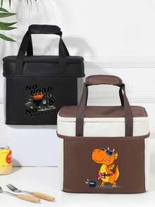 1pc Cartoon Car Pattern Insulated Lunch Bag, Large Capacity Lunch Box Tote Bag, Aluminum Foil Lining, Suitable For Work Commute - 28*24*21CM - View 2