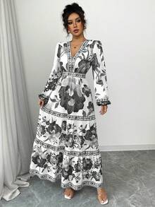 Women's Long Dress With A Floral Print, A-Line Cut, Fitted At The Waist, And Puff Sleeves. This Dress Is Elegant And Romantic, Perfect For Dates, Vacations, Holidays, And Other Occasions. - 黑色 - 查看 10