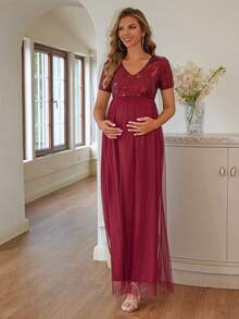 Joyfunear 孕妇亮片装饰简约日常网眼短袖连衣裙