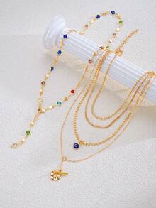 2pcs/1set Fashionable Vintage Elegant Devil's Eye Y-Shaped Long Necklace Set For Women, Inlaid Colorful Faux Gemstone, Suitable For Daily, Party, Vacation, Date, Holiday Gift