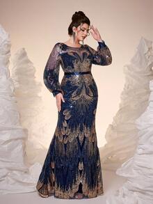 Mgiacy,New Arrival,Elegant Plus Size Long Navy Formal Dress,Round Neck,Sequin,Elegant,Plus Size Evening Gown Dress,Perspective,Belt,Lantern Sleeve,Package Hip,Mermaid Hem Dress,FOR,Dinner Party,Party Dress,Wedding Guest Dress, Evening Dress - Navy Blue - View 5