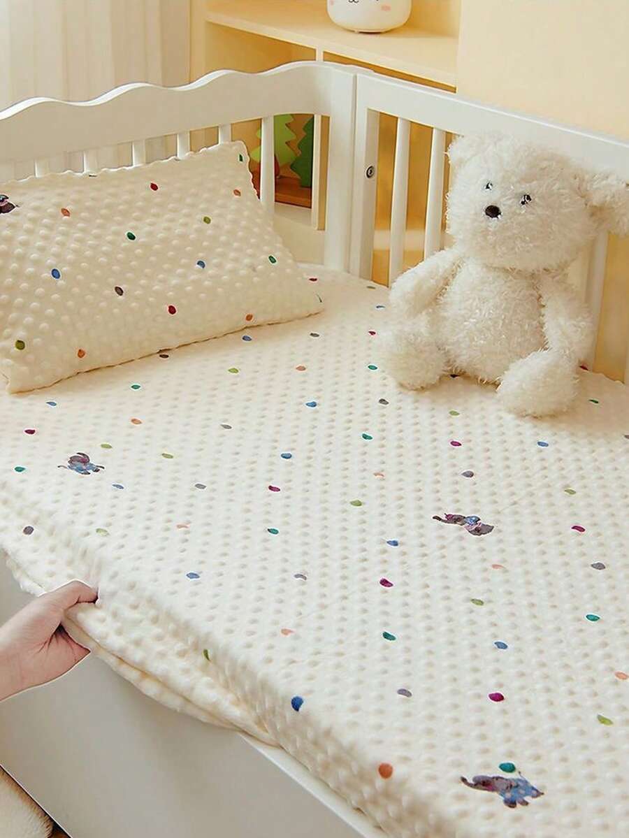 1pc Plush Dotted Baby Crib Sheet, Newborn Animal Print Fitted Crib Mattress Cover, Cute Bedding For Children Room, Machine Washable, 60x120cm - Multicolor - View 1