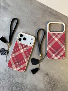1pc Christmas Limited Edition Red Snowflake Plaid Pattern Waterproof Anti-Fall Anti- High-Quality Soft Phone Case + Fashionable Heart-Shaped Lanyard, Compatible With Apple, Phones