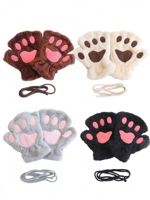 1 Pair, Cute Plush Gloves, Women's And Men's Half-Finger Gloves, Halter Neck Warm Gloves, Cute Cat Claw Gloves, Warm And Cold-Proof, Plush Half-Finger Gloves, Thickened Plush Student Writing Fingerless Gloves, Suitable For Daily Wear
