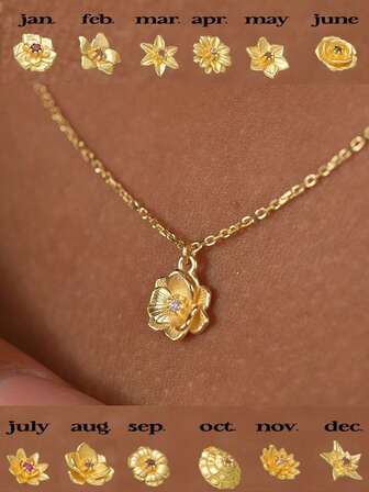 1 st. trendigt guldpläterat halsband med kubisk zirkonia och födelseblomma, lämpligt för födelsedag, årsdag, brudtärnepresent, julklapp
