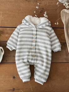 INS Newborn Baby Unisex Button Striped Knitted Thick Warm Lining Romper, Winter