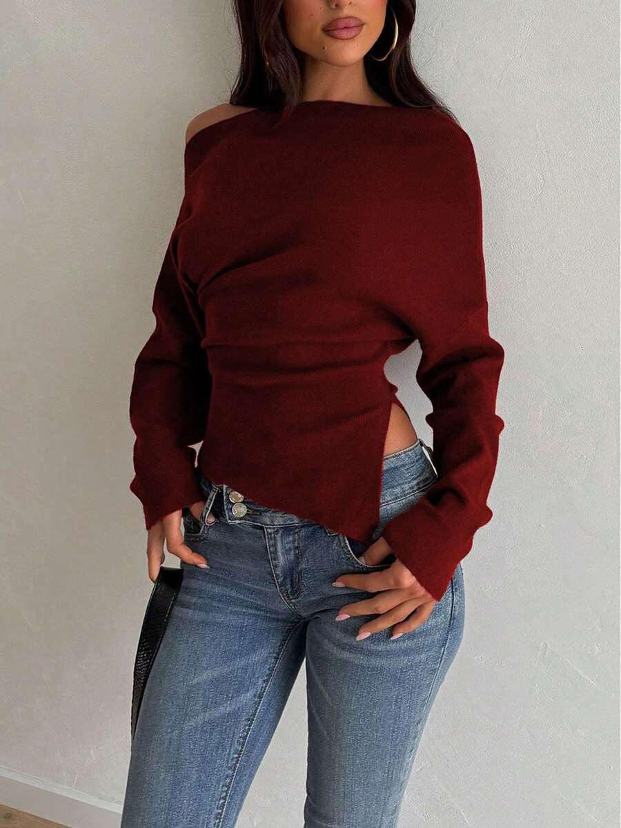 Elegant Fashion Casual Asymmetric Shoulder Knit Sweater, Slim Fit Asymmetrical Hem Pullover For Daily Commute