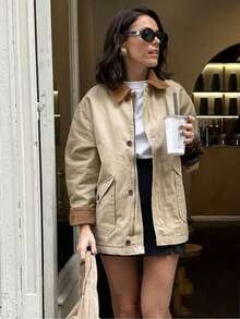 Autumn Winter Women's Single-Breasted Padded Jacket With Lapel Collar, Long Sleeve Pockets Loose Coat