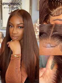 MEGALOOK 13x4蕾丝前假发，100%真人发丝，柔顺直发深棕色 - 预漂白发结，预拔毛发际线，透明蕾丝，高品质原生发，180%密度 - 日常佩戴舒适，适合办公室、派对、Y2K主题活动、度假、户外活动、周日盛装、学校、节日、圣诞节、返校季、婚礼、万圣节、约会之夜等场合，魅力女士假发 - S4 - 查看 5