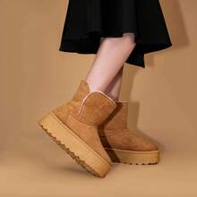 SuperG Women's Platform Furry Ankle Winter Boots Warm Soft Plush Lined Fabric Upper Casual Slip On Fashion Snow Booties - 駝色 - 查看 2