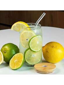 SELECTSHOP Set De 4 Vaso Tipo Lata De Vidrio Con Tapas Popotes De Vidrio Y Cepillo De Limpieza Vasos para Cerveza Taza de Café Helado Vasos de Cóctel Adecuados para Agua Jugo Sodaé Regalo (Set De 4) - Juego de 6 piezas - Ver 3