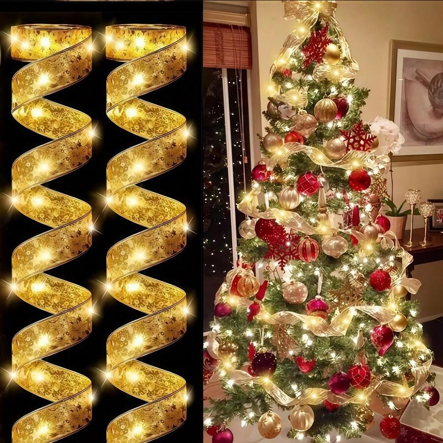 1 pieza Luz de cinta navideña para niños | Luz de hadas LED dorada | Diseño ondulado destellante de 1m/2m/3m/5m/10m dorado | Funciona con pilas, pilas no incluidas | Adecuado para fiesta de Año Nuevo, boda, vacaciones, decoración del hogar | Tema de Papá Noel con destellos, iluminación para habitación de niños, habitación de bebé, decoración de árbol de Navidad, regalo de Navidad