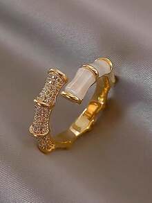 1pc Glamorous Opal & Cubic Zirconia Decor Cuff Ring For Women For Girlfriend's Gift - 黃金 - 查看 5