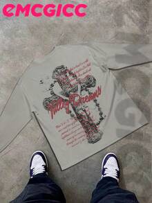 Manfinity Y2k Long Sleeve Shirts ,Graphic T Shirt Cotton 250g,Fashionable Hip-Hop For Men -  Long Sleeve T-Shirts, Funny Vintage Shirts,Regular Fit, Street Style, Digital Print,  Ideal Gift - 灰色 - 查看 3