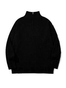 秋冬新款针织休闲宽松套头毛衣，简约风格，串珠纹理，通勤商务休闲领拉链长袖男女通用 - 黑色 - 查看 4