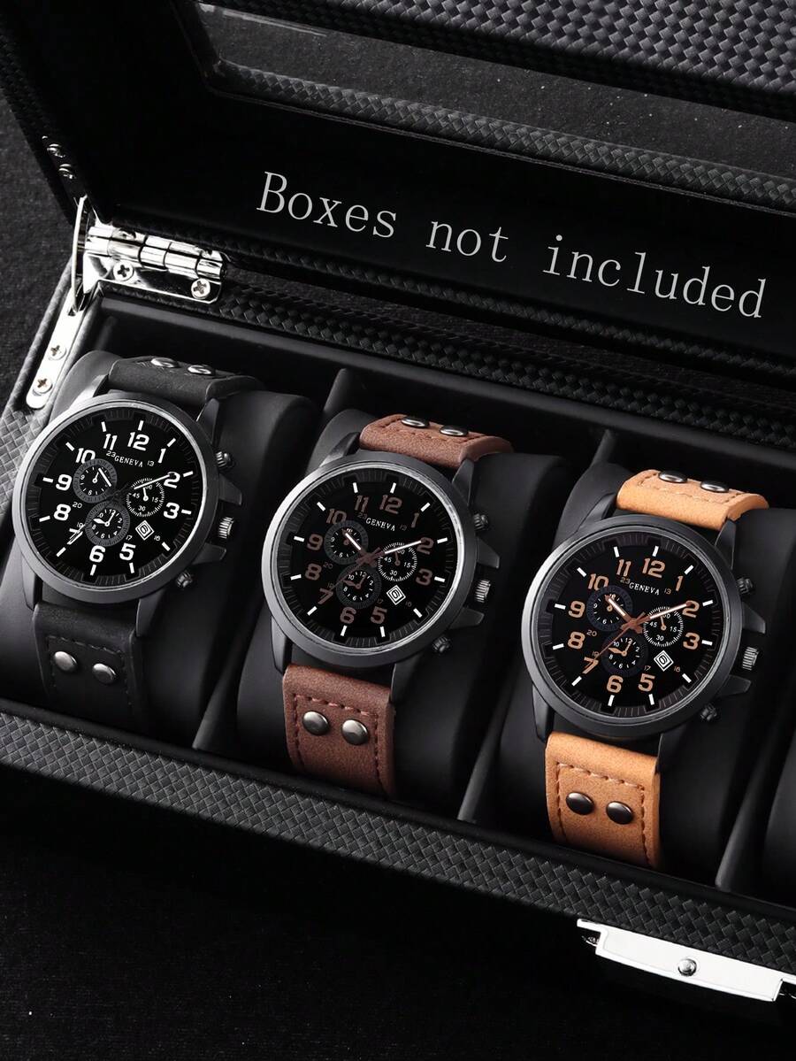 Set de 3 relojes de cuarzo para hombres: correa de piel sintética clásica, esfera redonda, diseño duradero - el regalo perfecto para él - Multicolor - Ver 1