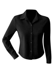 EARO Chic Women's Black Satin Shirt, Collared Long Sleeve Button-Up Curved Hem Fitted Blouse, Suitable For Commute, Date, Work, Casual Occasions - Black - View 3