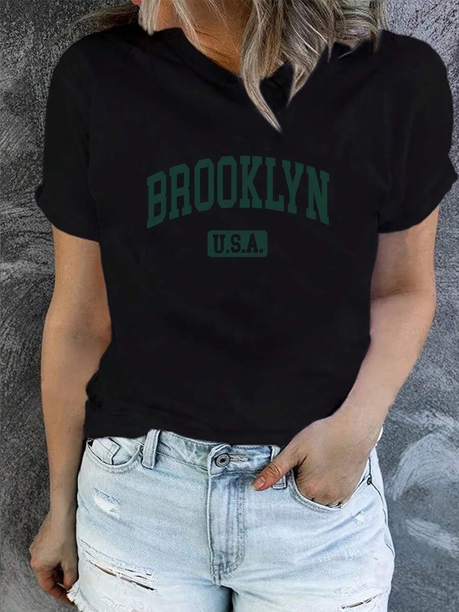 Women's Brooklyn USA Graphic Print T-Shirt - White With Green Lettering, Lightweight Stretchy Crew Neck Casual Top For Summer & Spring, Machine Washable, Everyday Comfort, Durable Fabric - 黑色 - 查看 1
