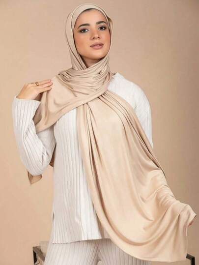 1pc Women's Simple Classic Solid Color Elegant Casual Edged Scarf, Premium Knit Fabric Viscose Jersey Hijabs Scarf, Long Turban Style Headscarf, Suitable For Daily Life, Outings And Gatherings