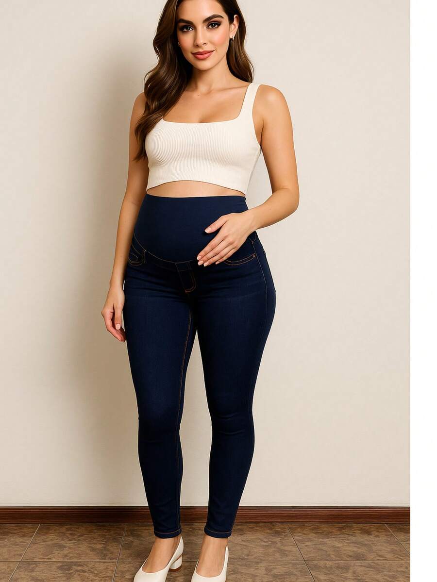 Jeans ajustados tiro alto, pansa alta de maternidad - Azul Marino - Ver 1