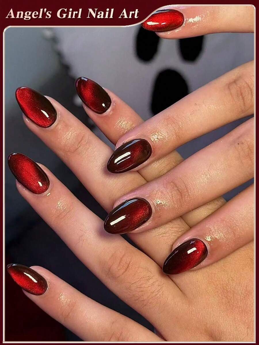 24pcs/Set Short Oval Shaped Nail Stickers, Classic Y2K Style Blood Red Crystal Cat Eye Nail Stickers, Red Nail Stickers, Acrylic Gel Nail Stickers, Includes 1pc Jelly Gel And 1pc Nail File, Natural Short Nail Stickers, Suitable For Women And Girls For Daily Work, Study And Party