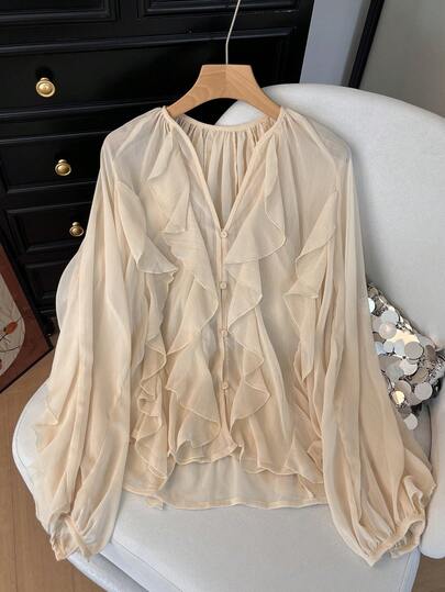 GMFP Women's Loose V-Neck Long Sleeve Elegant Solid Color Patchwork Ruffle Layered Decor Beige Party Blouse, New Year/Valentine's Day