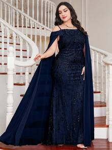 UNITHORSE Vestido formal de longitud hasta el piso con bordado de lentejuelas de corte aleatorio - Azul Marino - Ver 5