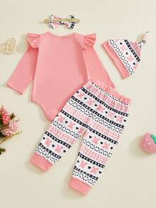Conjunto de 4 piezas para bebé niña con estampado de letras, mono de manga larga, pantalones de mariposa, diadema con lazo y sombrero para el Día de San Valentín - Rosa - Ver 2