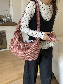 日式格子单肩包，时尚褶皱蝴蝶结拉链斜挎包，学生/大学生轻便可折叠布包，适合购物、日常通勤，新月包 - 彩色 - 查看 12