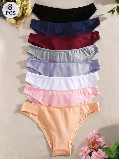 8pcs/Pack Basic Pure Cotton Women's Panties, Soft Solid Color, Suitable For All Seasons And Sports