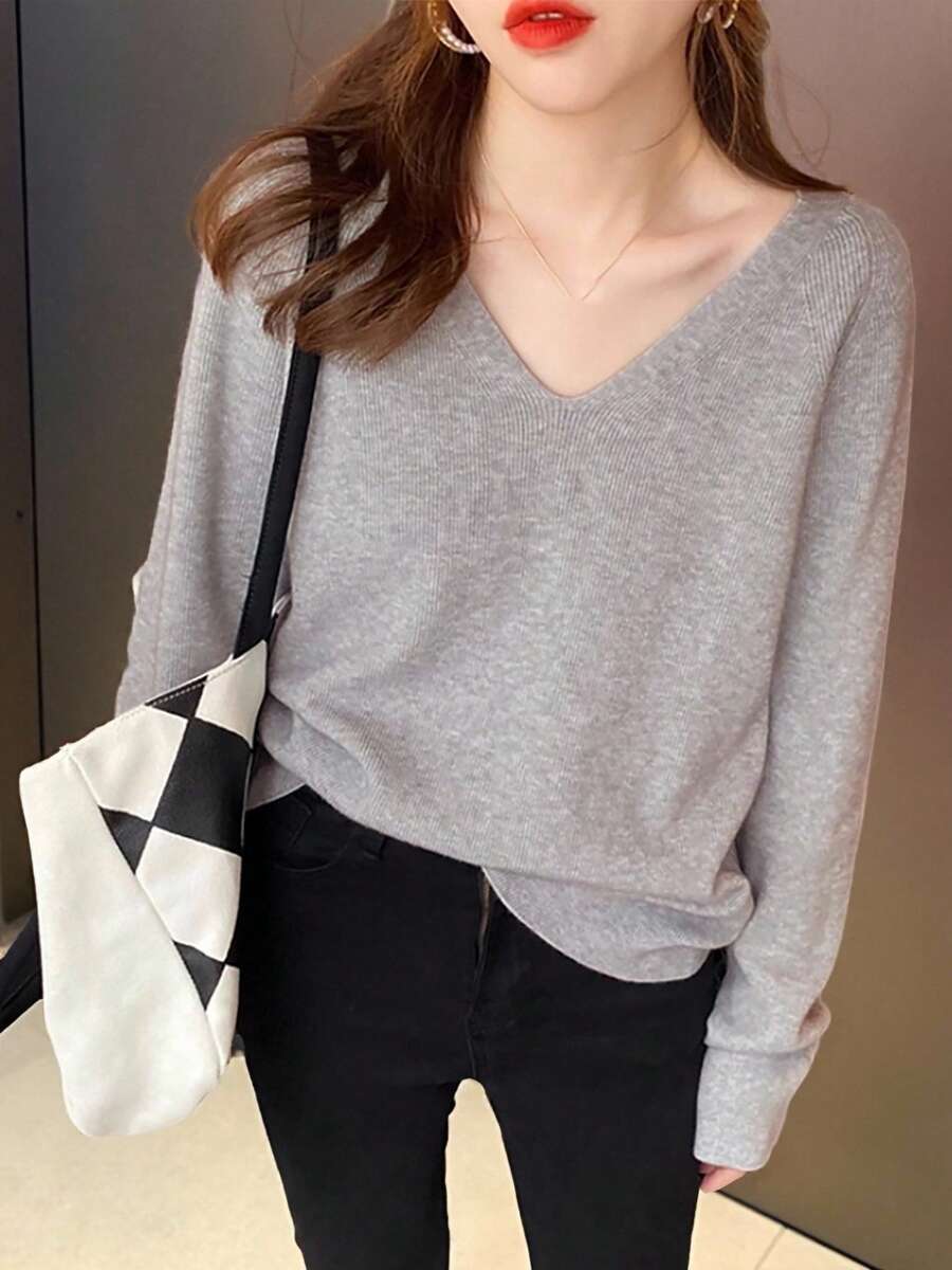 女士秋冬简约V领百搭套头毛衣 - 淺灰色 - 查看 1