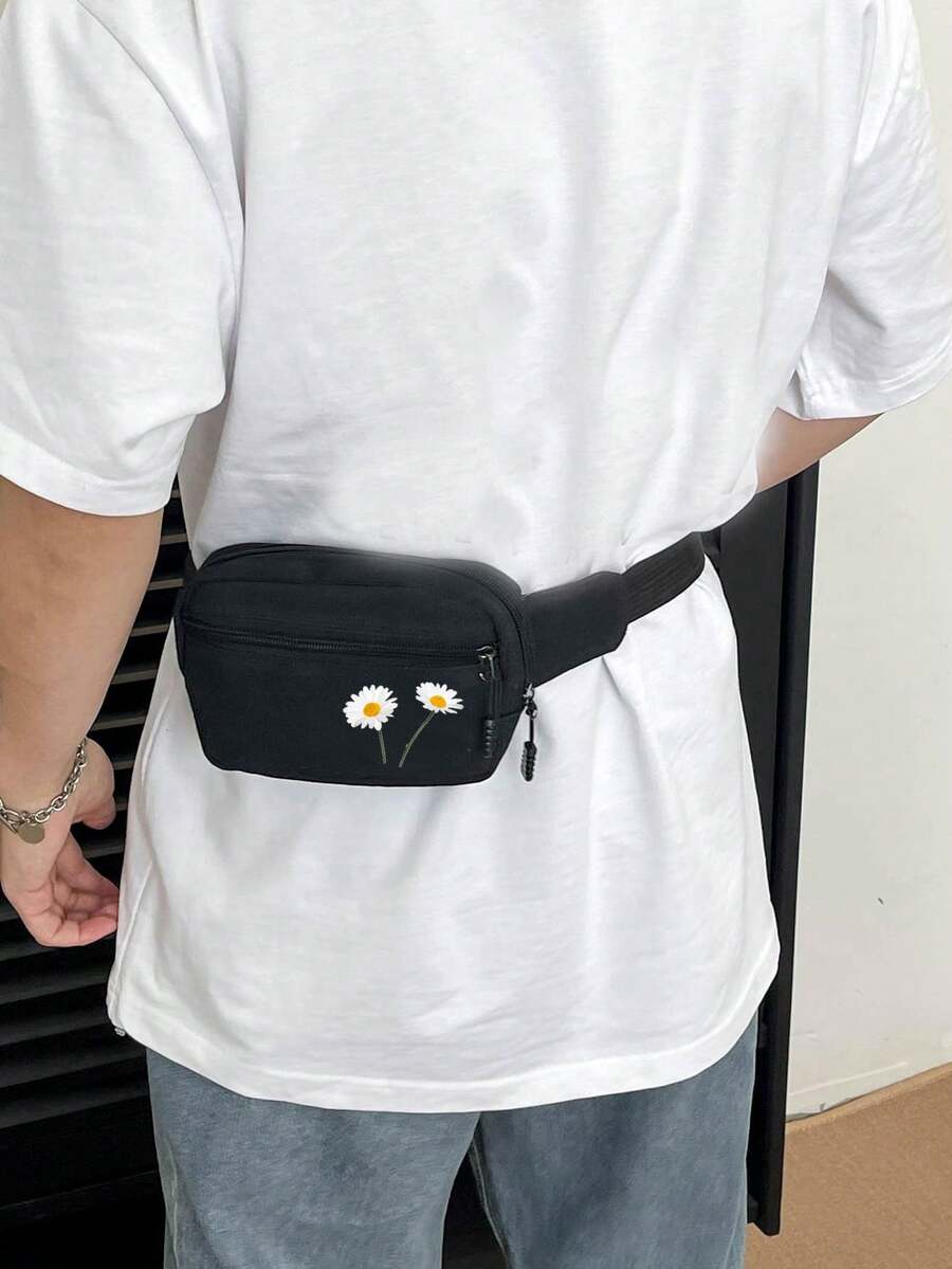 纯色帆布面料时尚雏菊花卉印花运动休闲男士胸包/手机袋/零钱包 - 黑色 - 查看 1