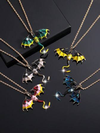 1pc Fashionable Unisex Exaggerated Vintage Personalized Colorful Painted Cartoon Dragon Gradient Drip Oil Necklace Pendant Sweater Chain