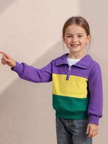 Toddler Baby Boy Carnival Sweatshirt Pullover Long Sleeve Lapel Collar Patchwork Upper Zipper Fall Tops - 紫色 - 查看 3