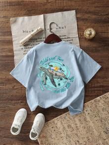Tween Girls Turtle Print Crew Neck Short Sleeve T-Shirt, Summer Top - Baby Blue - View 3