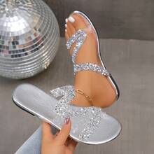 1 đôi sandal nữ thiết kế thời trang, quai trong suốt, đính pha lê, kiểu xỏ chân, phù hợp cho tiệc tùng, hẹn hò, đi chơi, đi học, đi biển, nghỉ lễ, và các hoạt động ngoài trời hàng ngày. - Bạc - Xem 8